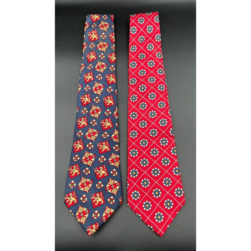 Pair of 2 Tommy Hilfiger Mens Neck Ties 100% Silk Made in USA Navy Burgundy Gold